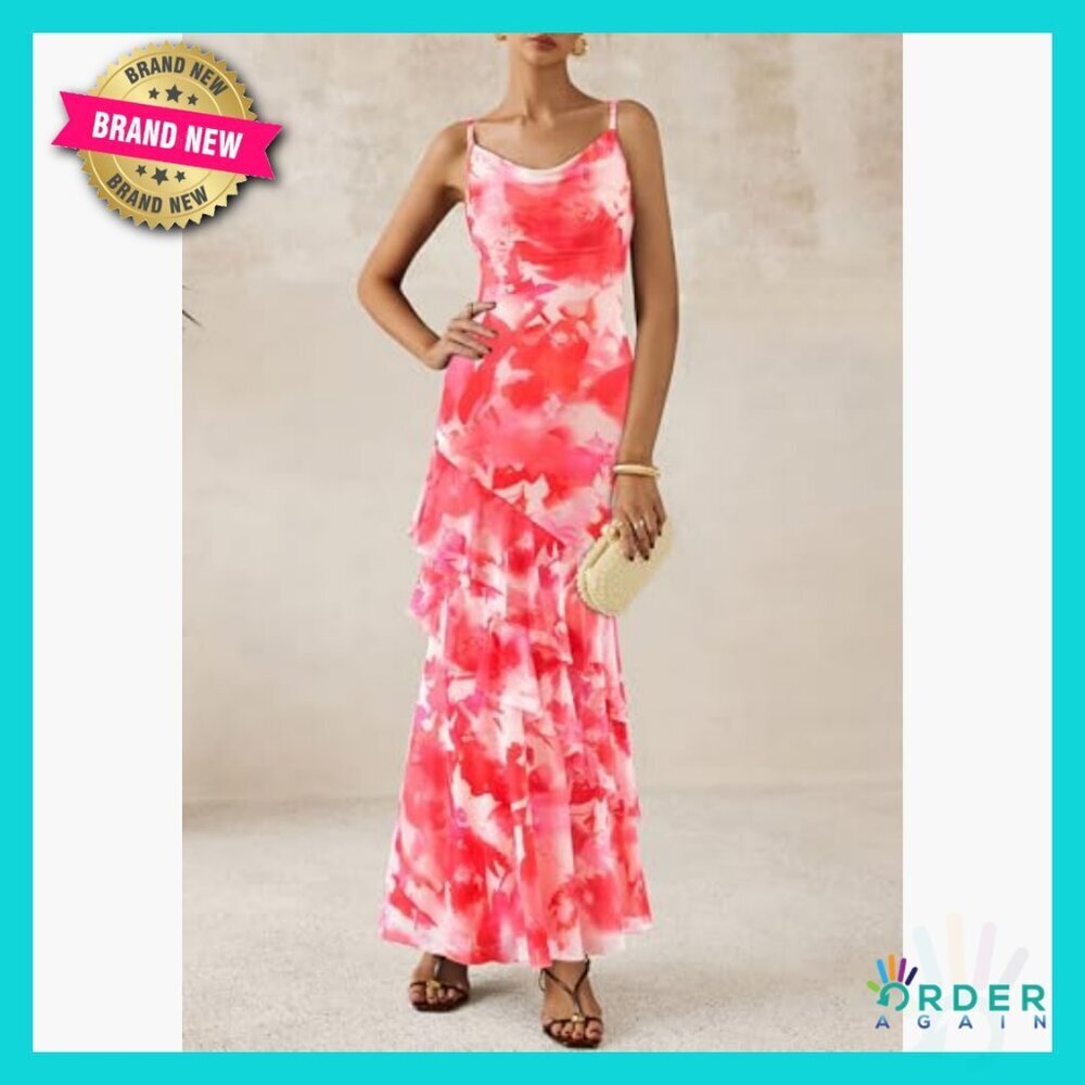 Floral Maxi Dress Tiered Spaghetti Strap Bodycon Beach Wedding Guest Elegant - Picture 4 of 7